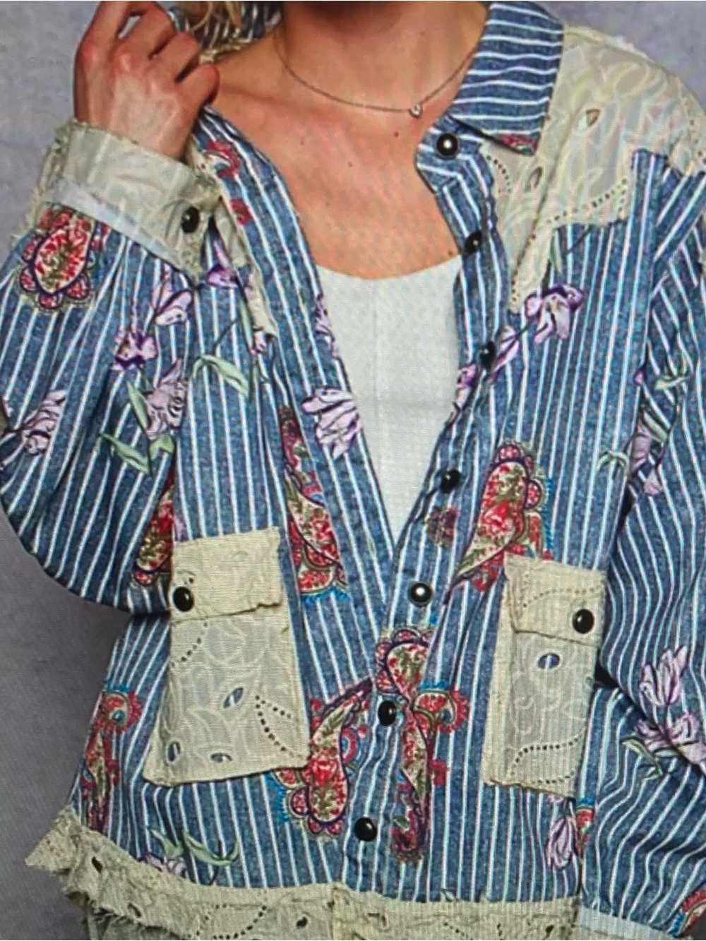 POL Blue Striped Floral Patchwork Shirt/Jacket